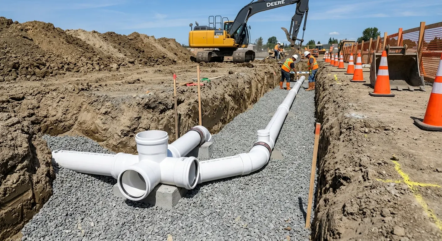 New PVC sewer pipe installation in open trench for Commercial Drain Cleaning in Pittsboro