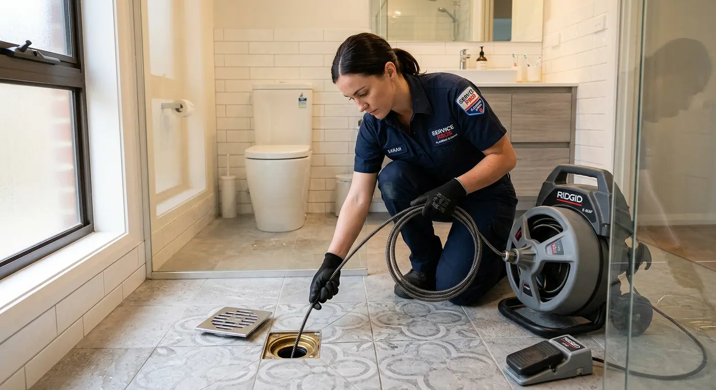 Technician clearing a bathroom floor drain for Clogged Drain Repair in Pittsboro